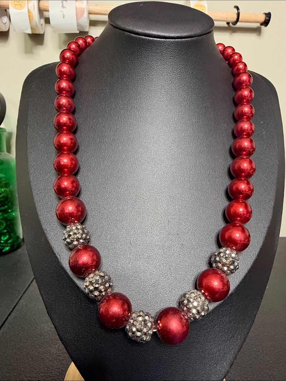RMN The Roman Compant Red Beaded Statement Necklace Sparkle Accent